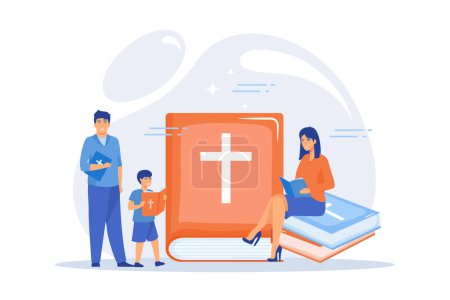 Illustration for Tiny people christians reading the Holy Bible and learning about Christ. Holy Bible, sacred holy book, the word of God concept. flat vector modern illustration - Royalty Free Image