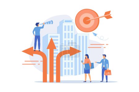 Illustration for Business people and empolyee choosing new career direction arrow with target. Career change, alternative career, retraining for a new job concept. flat vector modern illustration - Royalty Free Image