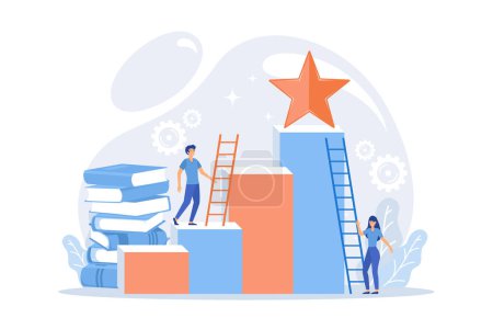 Businessman and woman start climbing ladder. Business and career ambition, career aspirations and plans, personal growth concept on white background. flat vector modern illustration