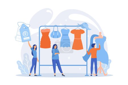 Illustration for Main master designer creating fashion clothes designs and hanging it on coat rack. Fashion house, clothing design house, fashion production concept. flat vector modern illustration - Royalty Free Image