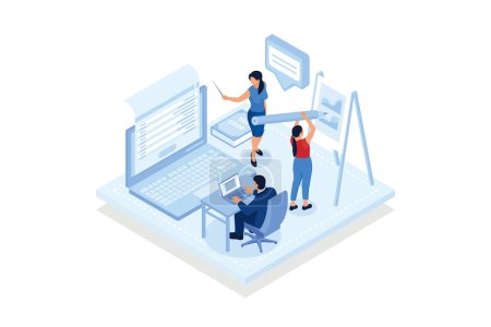 Create class. Elearning teaching software interface, creating a virtual classroom, online training features.isometric vector modern illustration