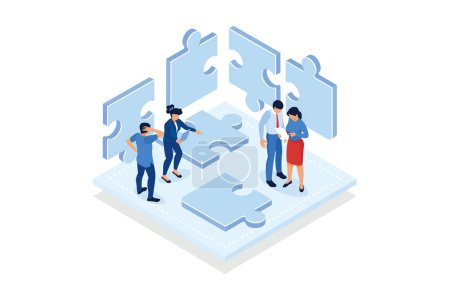 Finding solution, problem solving. Teamwork and partnership. Working team collaboration, enterprise cooperation . isometric vector modern illustration