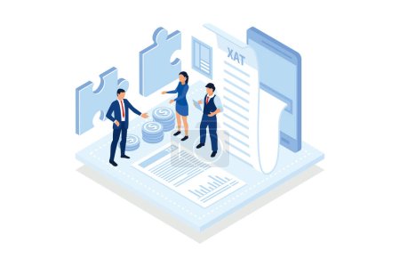 Illustration for Small business finance management. Calculate expenses, hire an accountant and tax consultant, money management. isometric vector modern illustration - Royalty Free Image