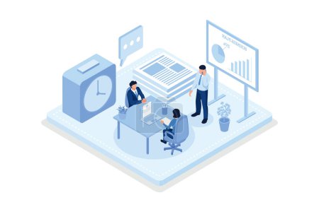 Illustration for Financial Advisor Sitting at Office Desk and Talking with Client. Man Meeting Lawyer for Advice. Woman Business Consultant Analyzing Financial Report, isometric vector modern illustration - Royalty Free Image