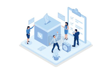 People Characters Putting Ballot Into Voting Box. Women and Men Choosing Candidate at Vote Polling Station. Election Campaign and Referendum Concept, isometric vector modern illustration