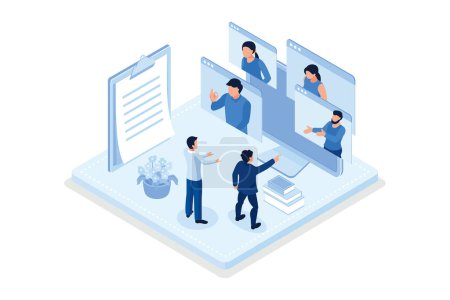 People Character working Remote at Home and using Laptop for Video Meeting with Colleagues. Online Discussion and Business Video Conference Concept, isometric vector modern illustration