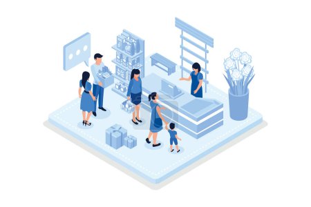 Illustration for People waiting in line at grocery supermarket. Can use for web banner, infographics, hero images, isometric vector modern illustration - Royalty Free Image