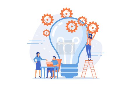 Illustration for Business team putting gears on big lightbulb. New idea engineering, business model innovation and design thinking concept on white background, flat vector modern illustration - Royalty Free Image