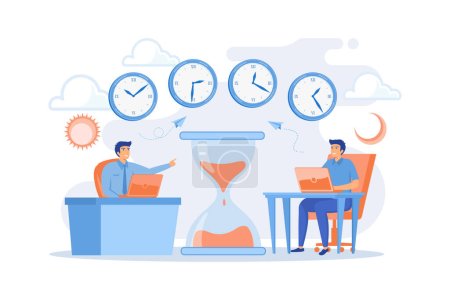 Illustration for Busy businessmen with laptops near hourglass working in different time zones. Time zones, international time, world business time concept, flat vector modern illustration - Royalty Free Image
