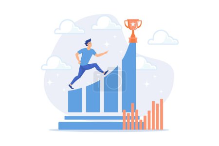 Illustration for Businessman jumps on graph columns on the way to success. Positive thinking and success achievement, self-confidence concept on white background, flat vector modern illustration - Royalty Free Image