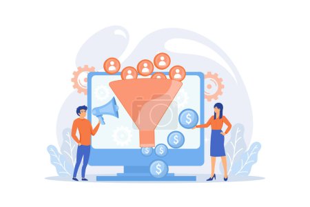 Illustration for Monetization tips. Increasing conversion rates strategy. Attracting followers. Generating new leads, identify your customers, SMM strategies concept, flat vector modern illustration - Royalty Free Image
