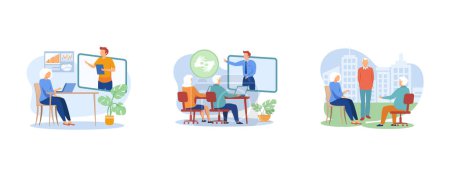 Illustration for Senior community and education. Online learning for seniors, sign language classes, communities for older people, free course. set flat vector modern illustration - Royalty Free Image