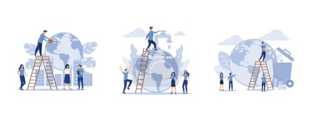 Illustration for Saving the planet, save energy and water, an employee engaged in recycling garbage, set flat vector modern illustration - Royalty Free Image
