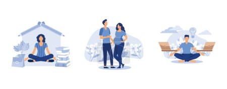 Illustration for Education at home, a pregnant woman with a man, concept of meditation workflow, set flat vector modern illustration - Royalty Free Image