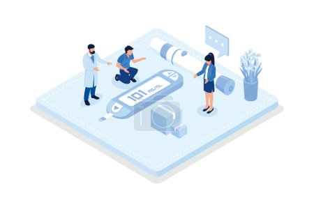 Illustration for Doctor and patient check blood sugar level with glucometer and diabetic insulin pump. Character with diabetes receiving treatment against disease, isometric vector modern illustration - Royalty Free Image