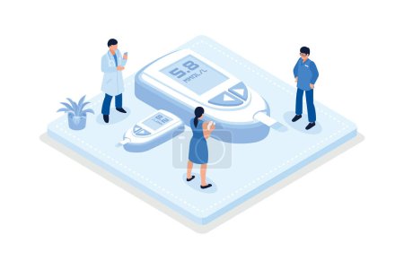 Doctor and patient check blood sugar level with glucometer and diabetic insulin pump. Character with diabetes receiving treatment against disease, isometric vector modern illustration