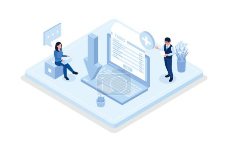 Illustration for Character consulting with financial advisor, preparing and sending online tax declaration, getting tax return. Taxation concept, isometric vector modern illustration - Royalty Free Image