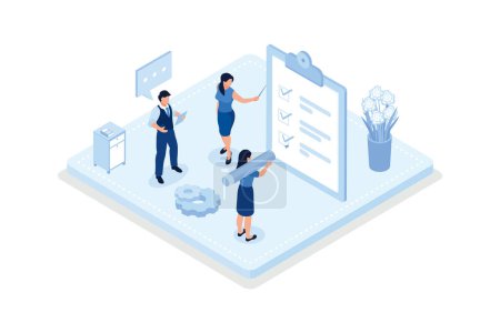 Illustration for Various Online Survey and Rating Icons. Characters Filling Survey Form, putting Check Marks on Checklist and giving Five Star Feedback. User Experiences Concept, isometric vector modern illustration - Royalty Free Image