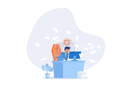 Illustration for Overwhelmed, work stress, tired or fatigue from overworked, busy to finish project paperwork in deadline, anxiety or exhaustion, headache concept, flat vector modern illustration - Royalty Free Image