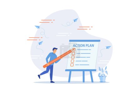 Aktionsplan Schritt für Schritt Checkliste zum Fortschritt und Abschluss von Projekt, Vorgehensweise oder Aktionsschritten zur Entwicklung und Vervollständigung von Arbeitskonzept, Flachvektor moderne Illustration