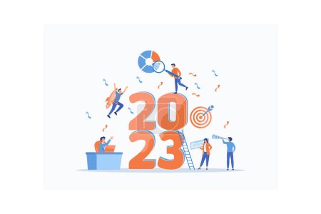 Happy new year 2023, Businessman hold magnifying glass, checking charts and diagrams, flying on rocket and seeking new opportunities for new year, flat vector modern illustration