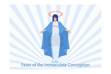 Feast of the Immaculate Conception vector. Blessed Virgin Mary in heaven icon vector. Saint Mary and blue sky vector. Immaculate Conception Day Poster, December 8, flat vector modern illustration