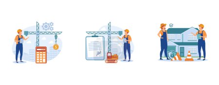 Illustration for Construction business. . Construction costs, building permit and safety, protection helmet, contractor engineering, design project. set flat vector modern illustration - Royalty Free Image