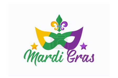 Mardi Gras purple and green text with masquerade mask and fleurs-de-lis. American New Orleans Fat Tuesday poster, greeting card. Sidney Mardi Gras parade. Carnival lettering, flat vector modern illustration