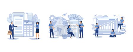 Illustration for People pay bills via terminal, online money transfer, employees study infographics, set flat vector modern illustration - Royalty Free Image