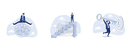 Téléchargez les illustrations : Smart thinking to overcome difficulty obstacle or emotional problem, career dead end or financial risk concept, key to success and achieve business target, set flat vector modern illustration - en licence libre de droit