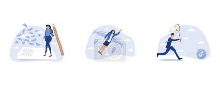 Illustration for Make money from writing blog online, woman power or lady leadership, businessman investor run chasing try to catch high performance attractive dollar coin, set flat vector modern illustration - Royalty Free Image