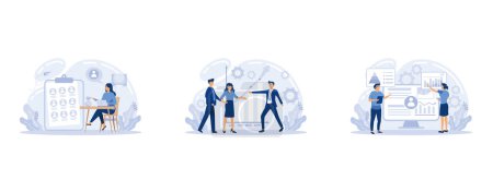 Illustration for Employee performance evaluation, HR department, increasing employee engagement banners set. Fellow workers assessment concept. Staff management, empolyee development, set flat vector modern illustration - Royalty Free Image