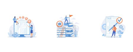Téléchargez les illustrations : Accountant expertise, Clever man, student standing on books stack with flag, Taxes calculation, set flat vector modern illustration - en licence libre de droit