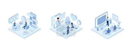 Illustration for Call center concept, Doctor online concept with character,Student Learning Online at Home, isometric vector modern illustration - Royalty Free Image