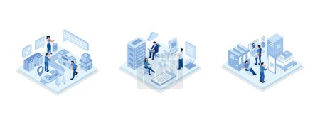 Illustration for Car sharing concept, Data center concept with character, Students Learning English Language Online, isometric vector modern illustration - Royalty Free Image
