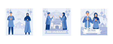 Muslim couple illustration for Eid Mubarak greetings, eid mubarak typography with people forgiving each other, Happy Muslim people celebrate Holy Month Ramadan, set flat vector modern illustration
