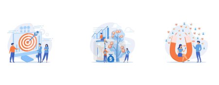 Téléchargez les illustrations : Big target, manager and employees engaged in company goals, Portfolio income, capital gains income, royalties from investments concept, Aiming at target audience, set flat vector modern illustration - en licence libre de droit
