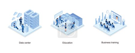 Illustration for Data center concept with character, Girls and Boys Learning Together with Smartphone, Laptop, Books, Business training or courses concept, isometric vector modern illustration - Royalty Free Image