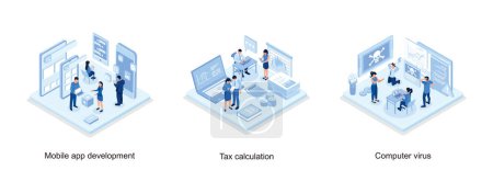 Mobile app development concept banner with characters, Financial Consultant sitting at Office Desk with Documents for Tax Calculation, Computer virus concept with character and text place, isometric vector modern illustration