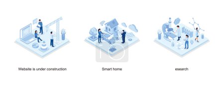 Illustration for Website under construction concept with characters, Smart house with solar panel and electric car, Medical research concept, isometric vector modern illustration - Royalty Free Image