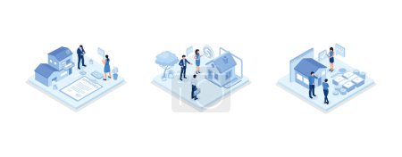 Mortgage process illustration set. People buying property with mortgage. Characters getting bank approval, reading contact and legal documents and receiving house keys, set isometric vector illustration