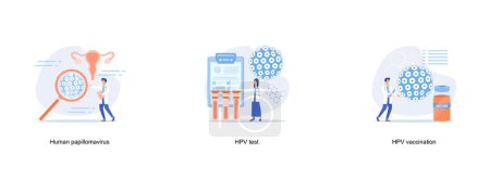 Doctors talk about the human papillomavirus HPV, Human papillomavirus test kit, HPV vaccination, protecting against cervical cancer, human papillomavirus vaccination program concept, set flat vector modern illustration