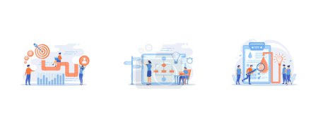 Illustration for Sales reps and managers analyze sales pipeline, Business analyst with laptop, idea lightbulb and waymark, Consumers with magnifier testing new product properties, set flat vector modern illustration - Royalty Free Image