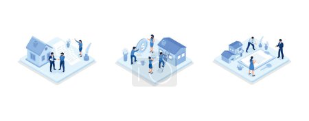 Characters buying property with mortgage, receiving bank approval, signing contact and legal documents, set isometric vector illustration