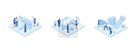 Illustration for Characters having financial problems, debts and loans. People holding long bill, reading letter from collection agency and carrying debt, set isometric vector illustration - Royalty Free Image