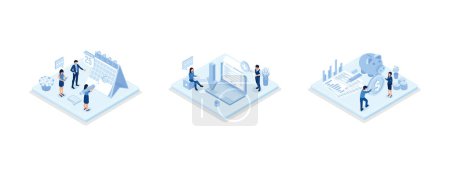 Character consulting with financial advisor, preparing and sending online tax declaration, getting tax return. Taxation concept, set isometric vector illustration