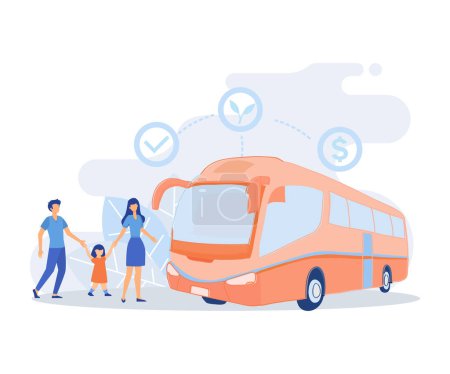 Sustainable transportation illustration. Characters standing near private electric car, e-bike and public bus. Environmental friendly transport concept. flat vector modern illustration