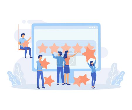 Illustration for Review illustration set. People characters giving five star feedback. Clients choosing satisfaction rating flat vector illustration - Royalty Free Image