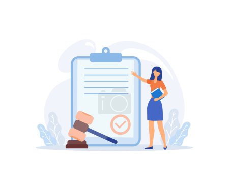 Ilustración de Law and justice illustration. Characters and lawyers signing contract, agreement or document. Public law consulting and legal advice concept.flat vector modern illustration - Imagen libre de derechos