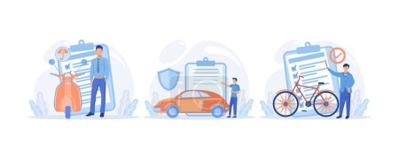 Vehicle insurance illustration set. Characters buying car, bicycle and motorbike insurance policy with full coverage and protection. Insured persons and objects.set flat vector modern illustration